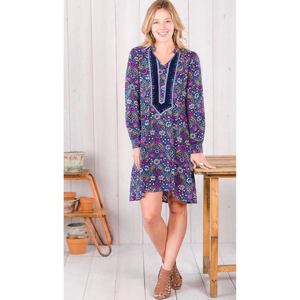 Matilda Jane Long Sleeve Dress M Crochet Paisley Floral Print Purple Pink Boho‎